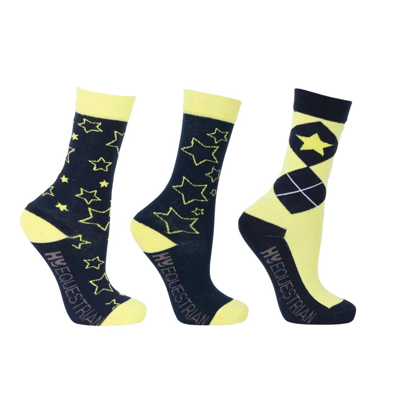 Hy Equestrian Stella Children's Socks - 3 Pack - Navy/Yellow